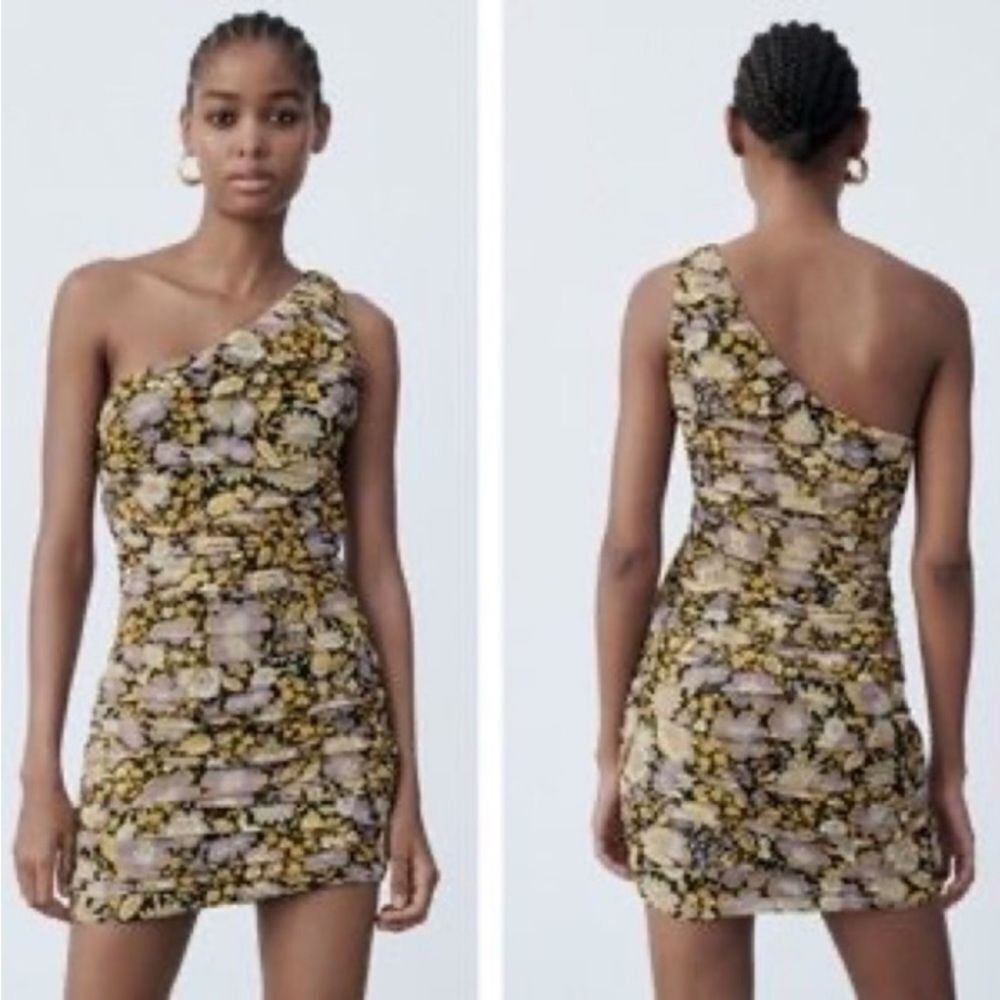 Zara Metallic Gold Floral Ruched One Shoulder Bodycon Mini Dress XS
